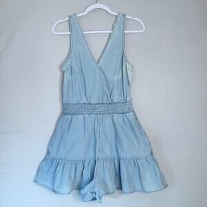 American Eagle Light Denim Romper Med Surplice Top Elastic Waist Flounce Hemline
